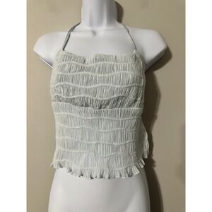 Commense Smocked Halter Crop Top Light Blue Ruffle Trim Women's Size S